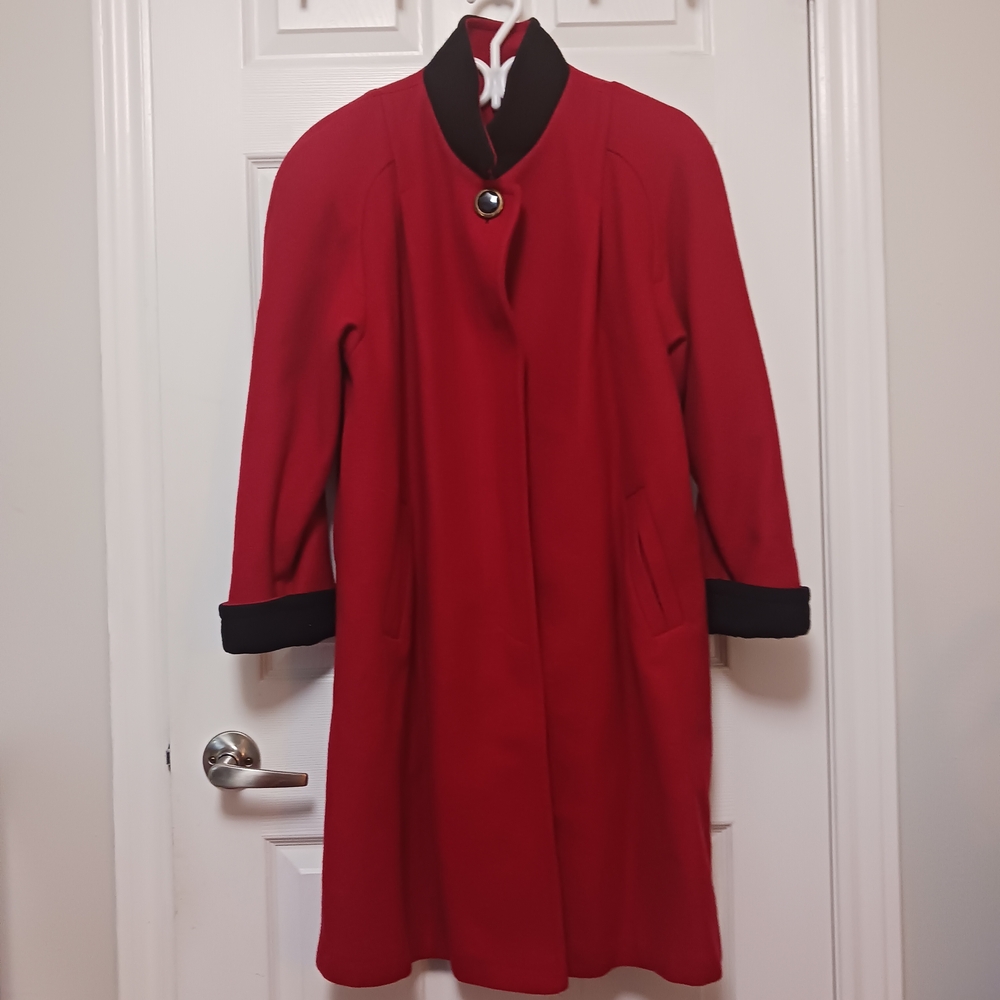 Chic Red Trench Coat with Black Accents